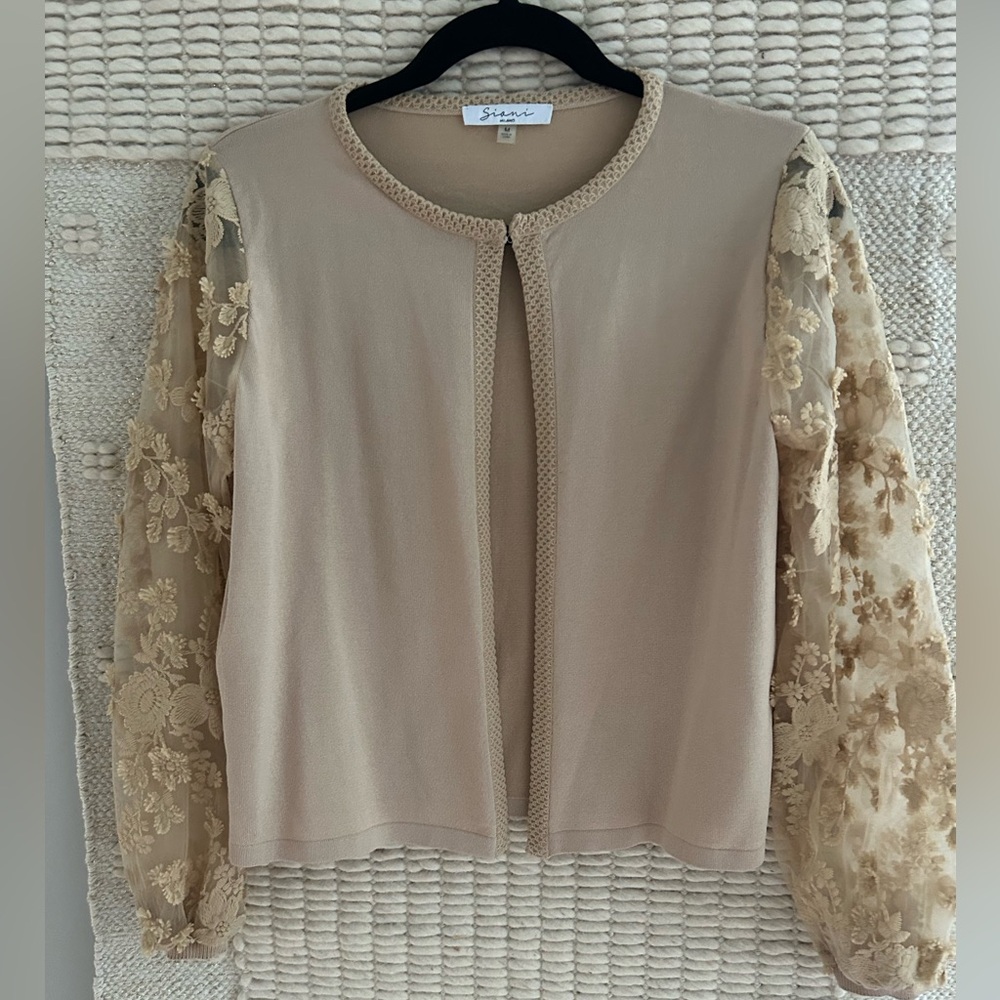Sinai Lace-Sleeve Open Front Beige Cardigan